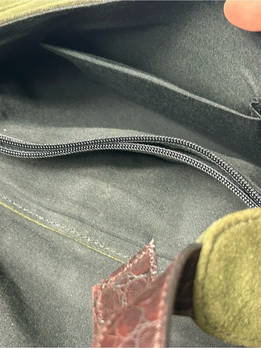 Olive Green Suede Crossbody Bag with Dark Brown Trim